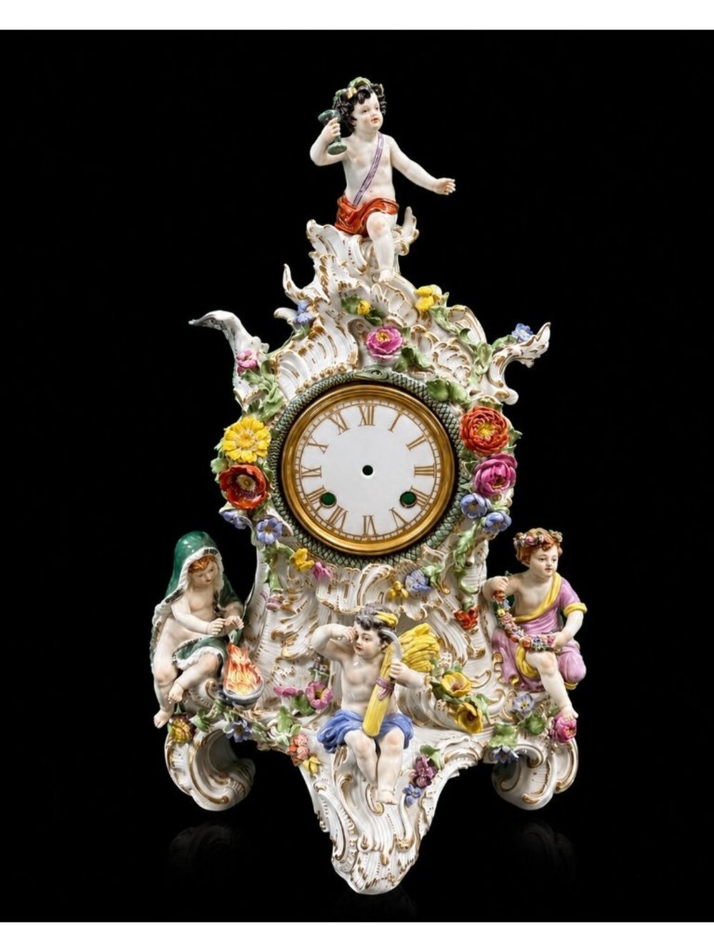 Antique Meissen 19" Four Seasons Cherub Putti Porcelain Clock Figurine Sculpture
